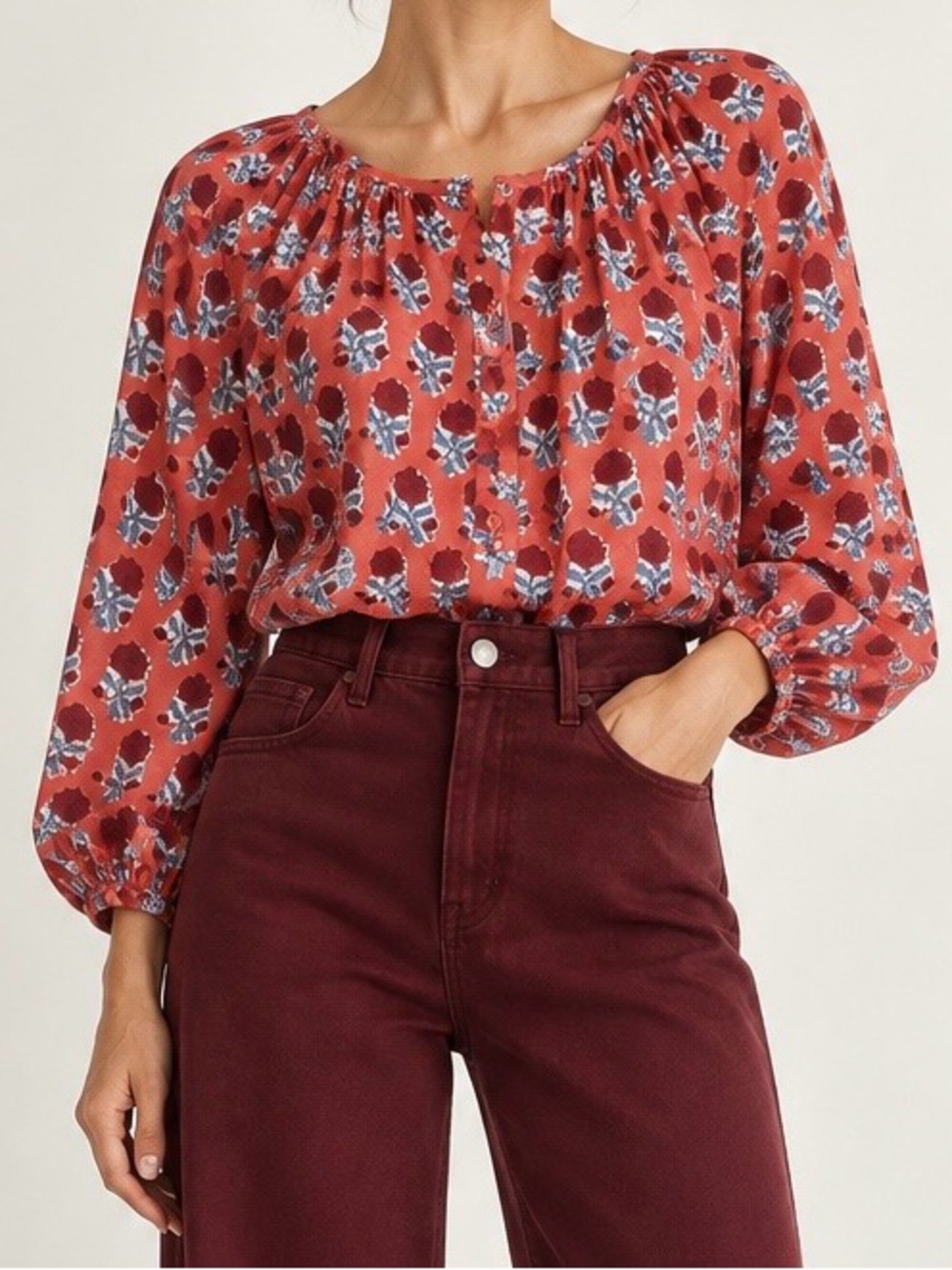 Emerson Fry Cotton Lined Rust Floral  Round Neck Balloon Sleeve Button Blouse S